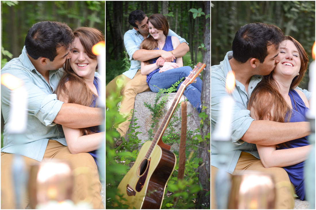 Wallkill NY JW pre wedding picnic in the woods guitar music engagement session photography